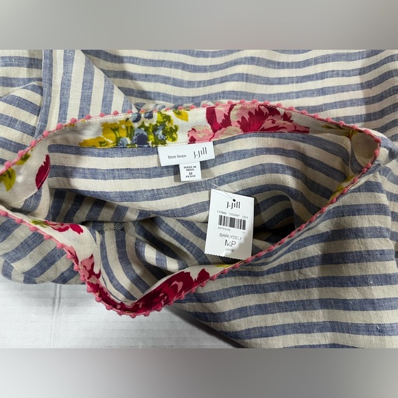 J Jill Shirt Womens Medium Petite Blue Stripes Linen Embroidery Floral Top - Picture 7 of 12